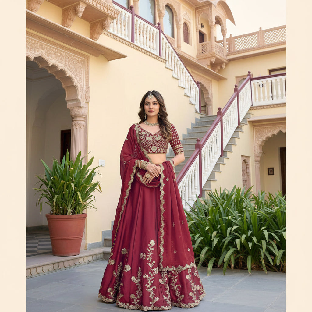 A woman models a traditional Indian lehenga choli set in deep maroon with intricate gold embroidery, standing in an outdoor courtyard with stairs and potted plants in the background.
