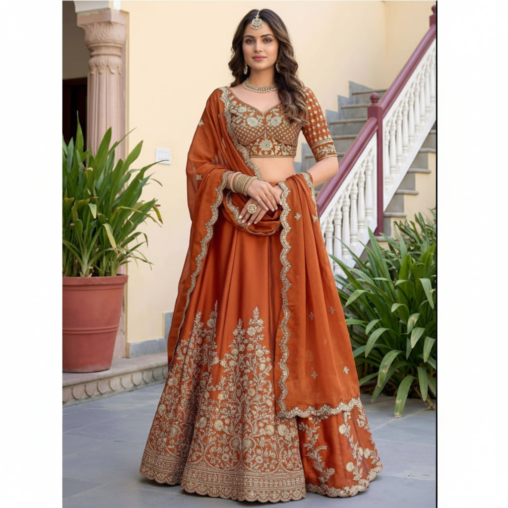 A woman models an orange embroidered traditional Indian lehenga choli suit with a dupatta in an outdoor courtyard setting with plants and stairs.