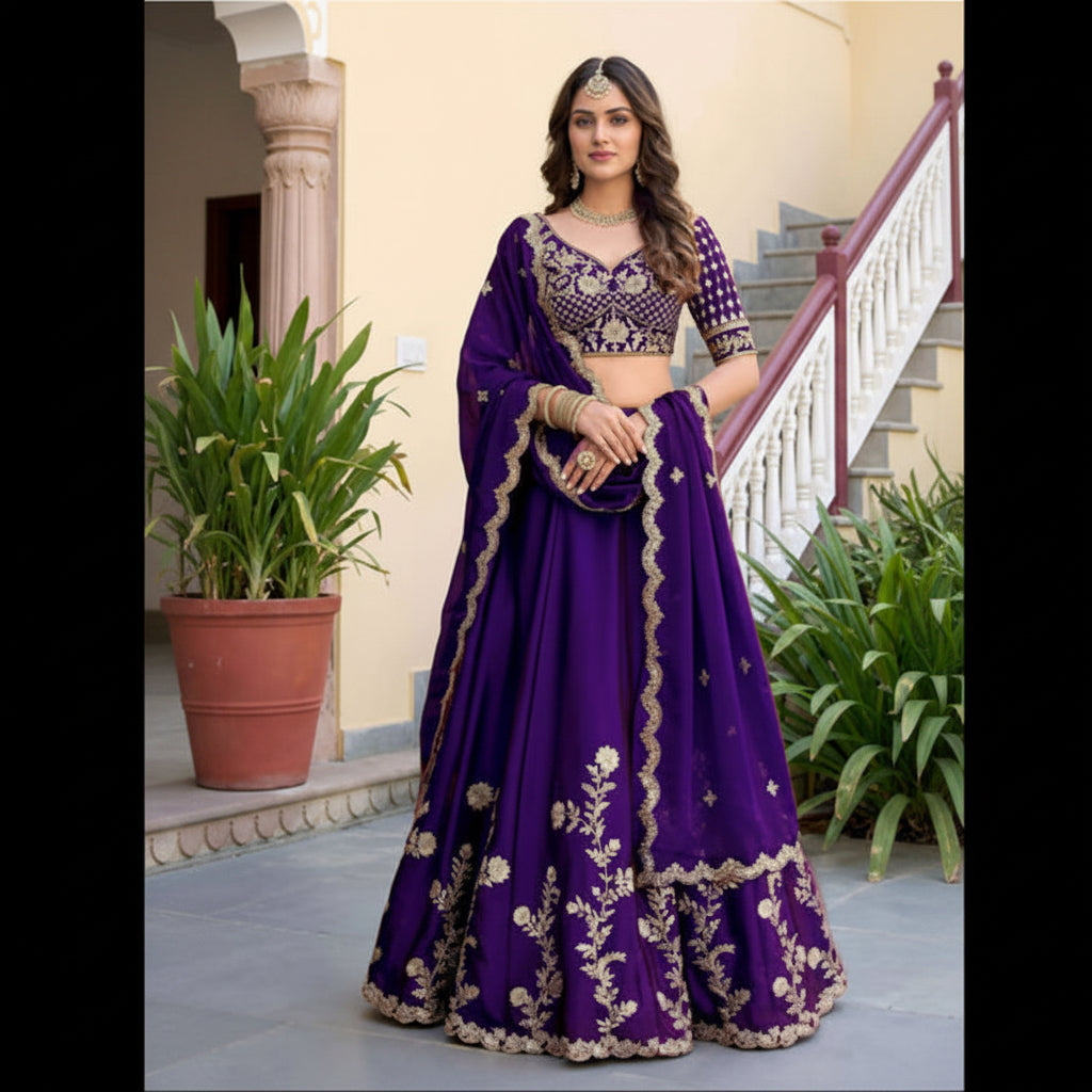 A woman modeling a purple lehenga choli set with ornate gold embroidery, shown in a split layout with a smaller inset view on the left and a full-body view on the right against an outdoor architectural background.