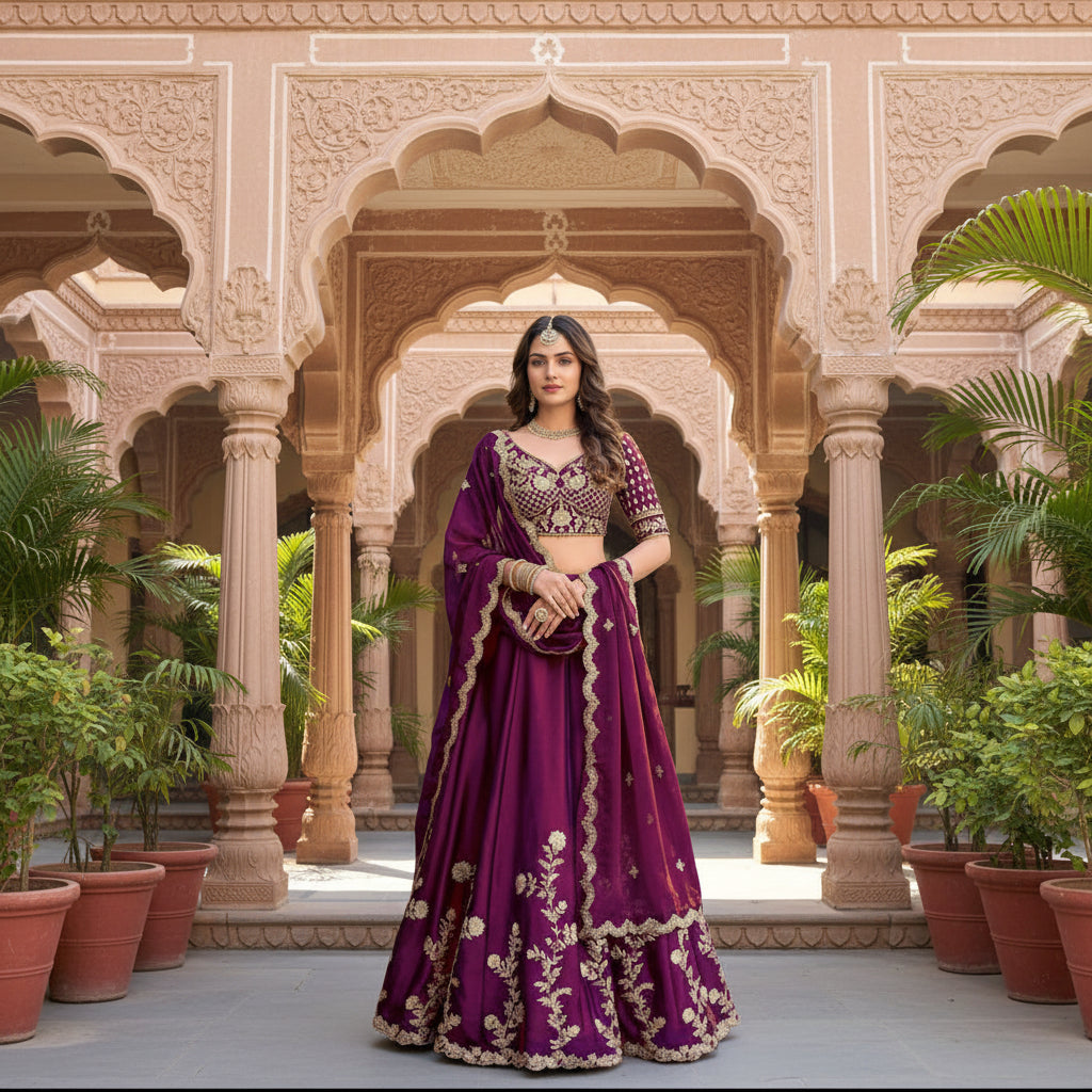 A woman modeling a deep purple lehenga choli set with ornate gold embroidery, shown in a split-screen layout with an indoor and outdoor architectural background.