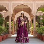 A woman modeling a deep purple lehenga choli set with ornate gold embroidery, shown in a split-screen layout with an indoor and outdoor architectural background.