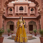 A woman modeling a traditional Indian lehenga choli outfit in a warm mustard-yellow color with heavy gold embroidery. The image is a split composition showing two views of the same outfit: one in a smaller inset on the left and one full-length view on the right, set against an outdoor courtyard background with stairs and potted plants.