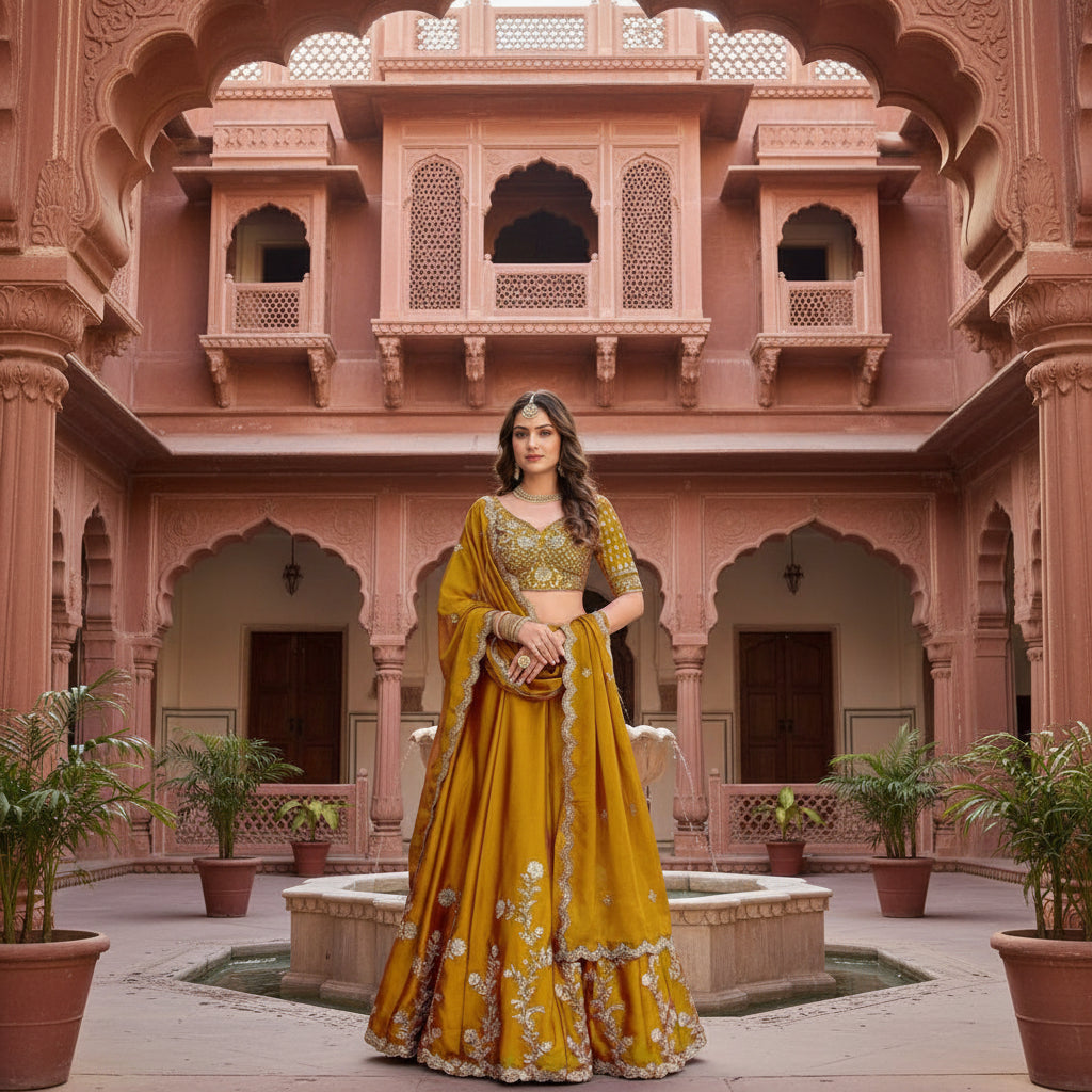 A woman modeling a traditional Indian lehenga choli outfit in a warm mustard-yellow color with heavy gold embroidery. The image is a split composition showing two views of the same outfit: one in a smaller inset on the left and one full-length view on the right, set against an outdoor courtyard background with stairs and potted plants.